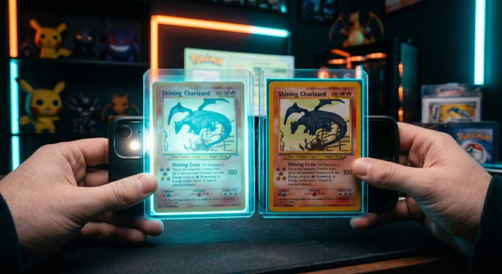 Demonstração de como identificar cartas falsas de Pokémon TCG usando o teste da lanterna do celular no escuro.