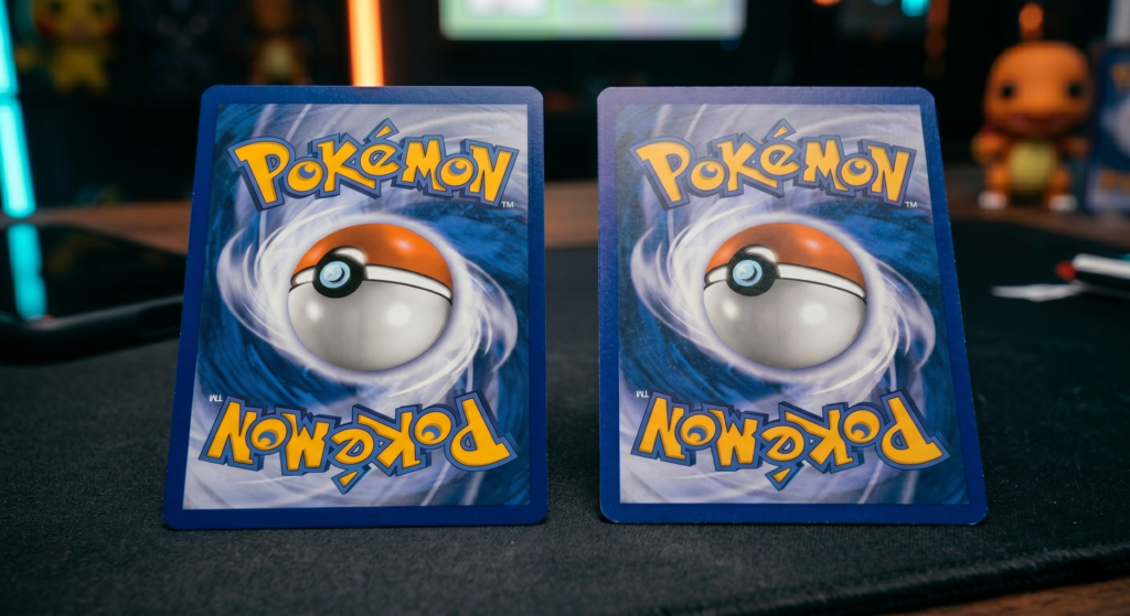 Comparação visual detalhada do verso de uma carta Pokémon original e uma cópia pirata focando na Pokébola.