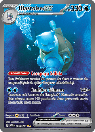 Carta Blastoise ex Special Illustration Rare da coleção 151, mostrando a enorme tartaruga Pokémon mergulhando nas profundezas escuras do oceano.