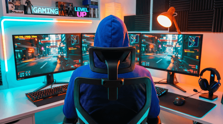 O Perito, analista de setup gamer do Veredito Geek, examina uma cadeira gamer em um ambiente escuro com iluminação laranja