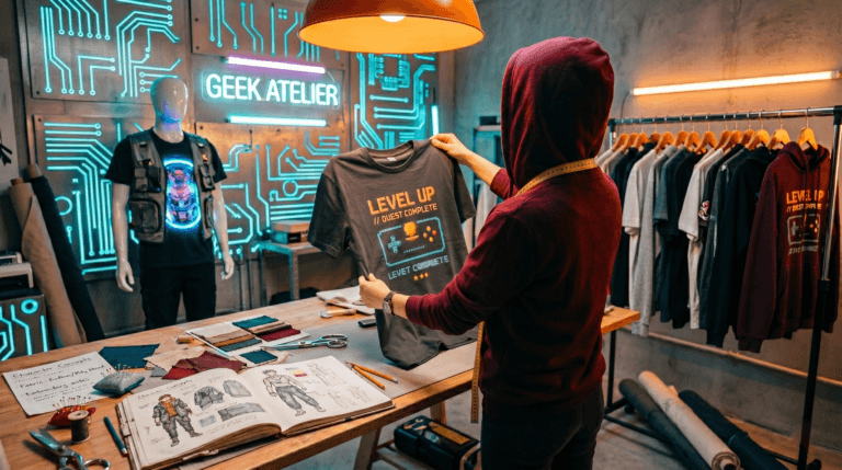 A Estilista, analista de moda geek do Veredito Geek, avalia o tecido de uma camiseta em um ateliê cinematográfico escuro