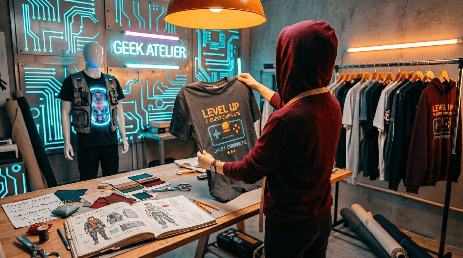 A Estilista, analista de moda geek do Veredito Geek, avalia o tecido de uma camiseta em um ateliê cinematográfico escuro