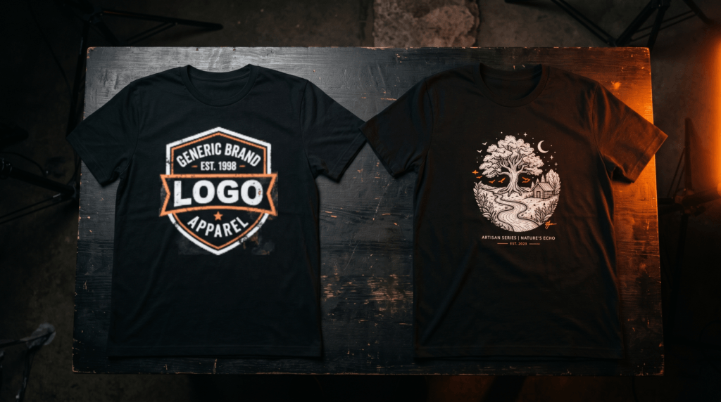 Duas camisetas pretas sobre superfície escura: à esquerda estampa genérica com logo impresso, à direita ilustração artesanal detalhada com linework preciso