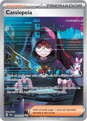 Carta de treinador Cassiopeia Special Illustration Rare (094/064) da expansão Fábula Nebulosa, com arte estilo cyberpunk em tons de neon.