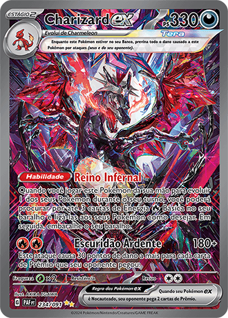 Carta Charizard ex Shiny Special Illustration Rare (234/091) da expansão Destinos de Paldea, mostrando o dragão na sua cor negra alternativa coroado por chamas e cristais.