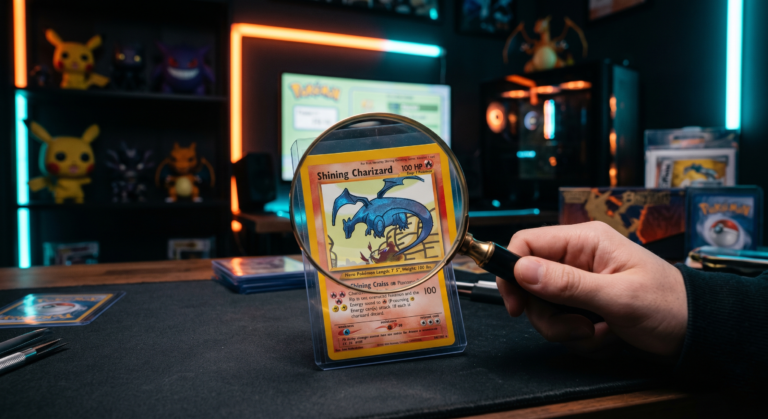 Inspeção visual de carta Pokémon original com foco no brilho holográfico e relevo de textura.