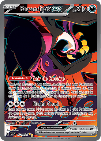 Carta Fezandipiti ex Special Illustration Rare (092/064) da expansão Fábula Nebulosa, mostrando o pássaro lendário com asas abertas em tons de magenta e turquesa.