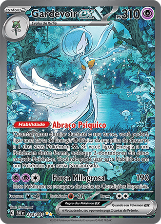 Carta Gardevoir ex Shiny Special Illustration Rare (233/091) da expansão Destinos de Paldea, destacando o Pokémon com paleta de cores alternativa posicionado diante de um vitral floral.