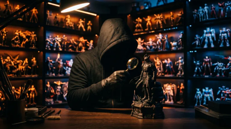 Figura encapuzada de O Colecionador inspecionando estátua premium em cenário escuro com prateleiras de colecionáveis ao fundo