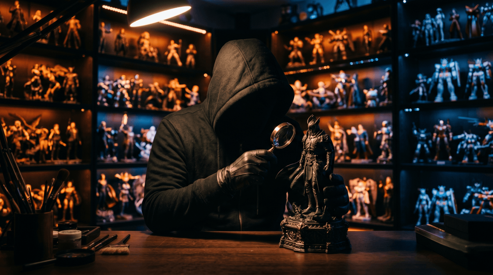 Figura encapuzada de O Colecionador inspecionando estátua premium em cenário escuro com prateleiras de colecionáveis ao fundo