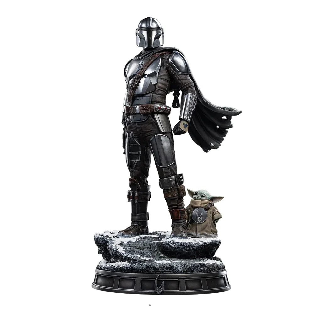 Estátua Legacy Replica 1/4 Iron Studios Mandaloriano e Grogu Star Wars em escala grande com detalhes em tecido