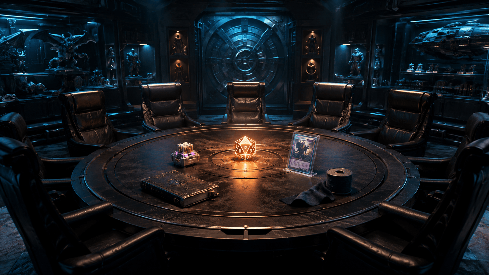 Mesa de reuniões secreta e tática da Equipe do Veredito Geek, iluminada com luzes ciano e laranja.
