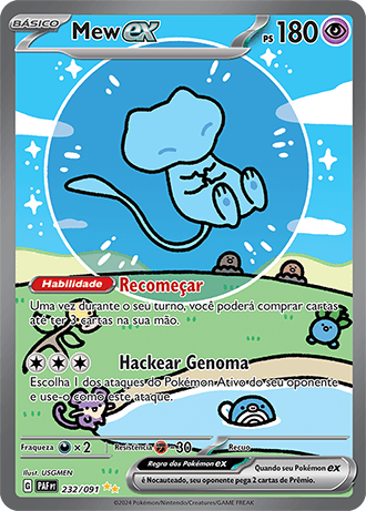 Carta Mew ex Shiny Special Illustration Rare (232/091) da expansão Destinos de Paldea, ilustrando o mítico Pokémon na cor azul bebê flutuando em um cenário pop vibrante.