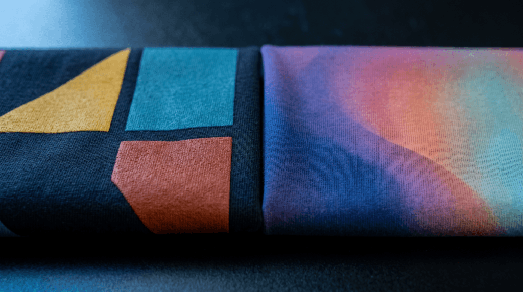 Comparativo entre estamparia silk-screen à esquerda e DTG à direita em amostras de tecido escuro