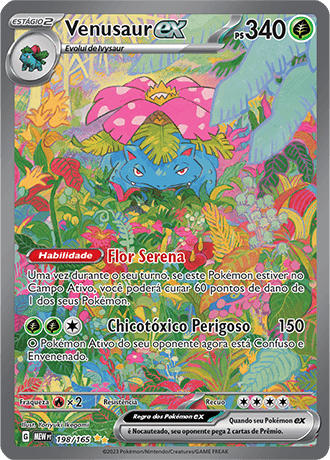 Carta Venusaur ex Special Illustration Rare da coleção 151, retratando o Pokémon descansando tranquilamente em uma estufa tropical iluminada pelo sol.