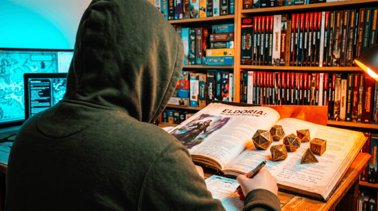 Mãos segurando dados de metal ornamentados sobre livro de regras aberto, figura encapuzada de verde musgo desfocada ao fundo com estantes de jogos