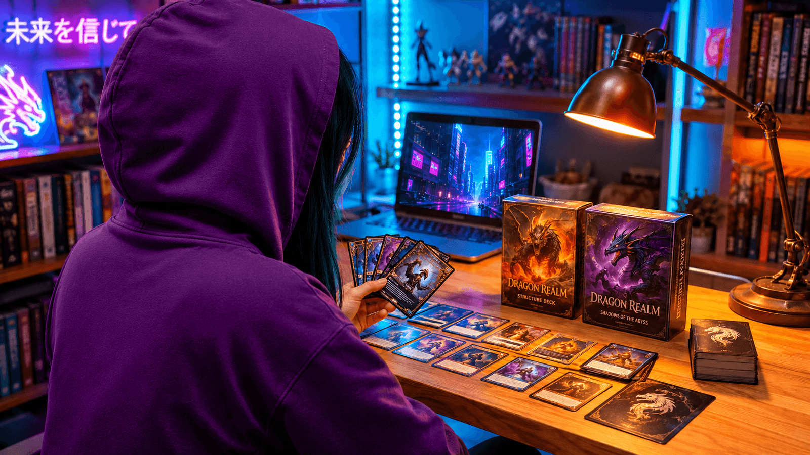 A Estrategista organiza Decks Estruturais de Yu-Gi-Oh sobre a mesa antes de escolher por onde começar