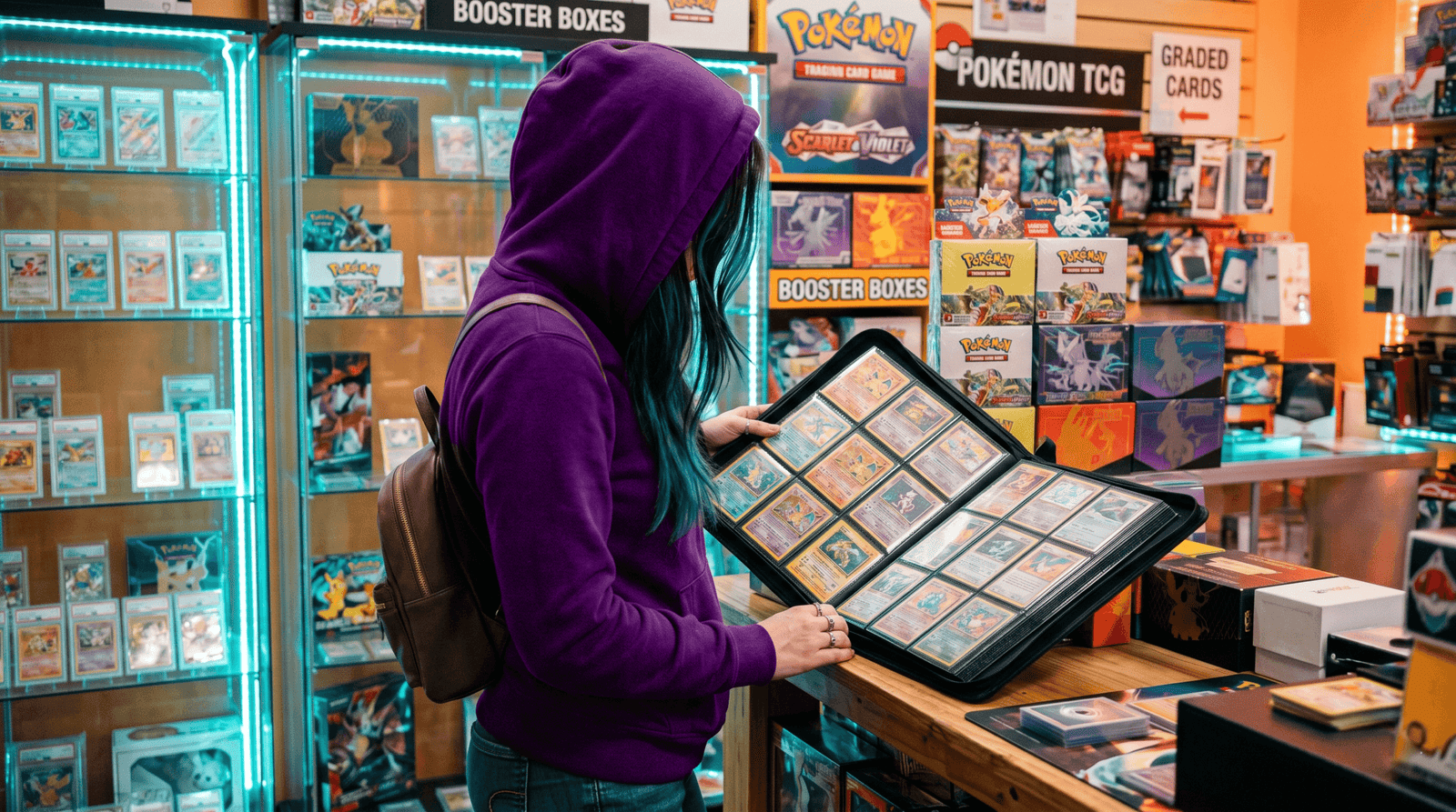 A Estrategista analisa cartas de Pokémon TCG em mesa iluminada com neons laranja e ciano