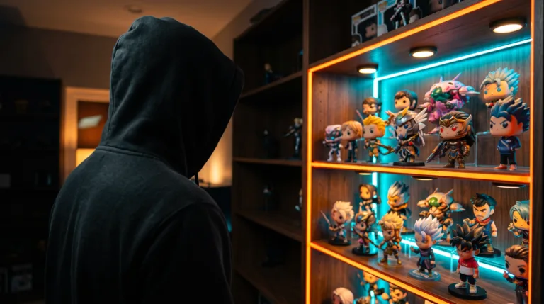 Colecionador inspecionando Funko Pop de anime em prateleira iluminada com figuras de Naruto, Dragon Ball e One Piece