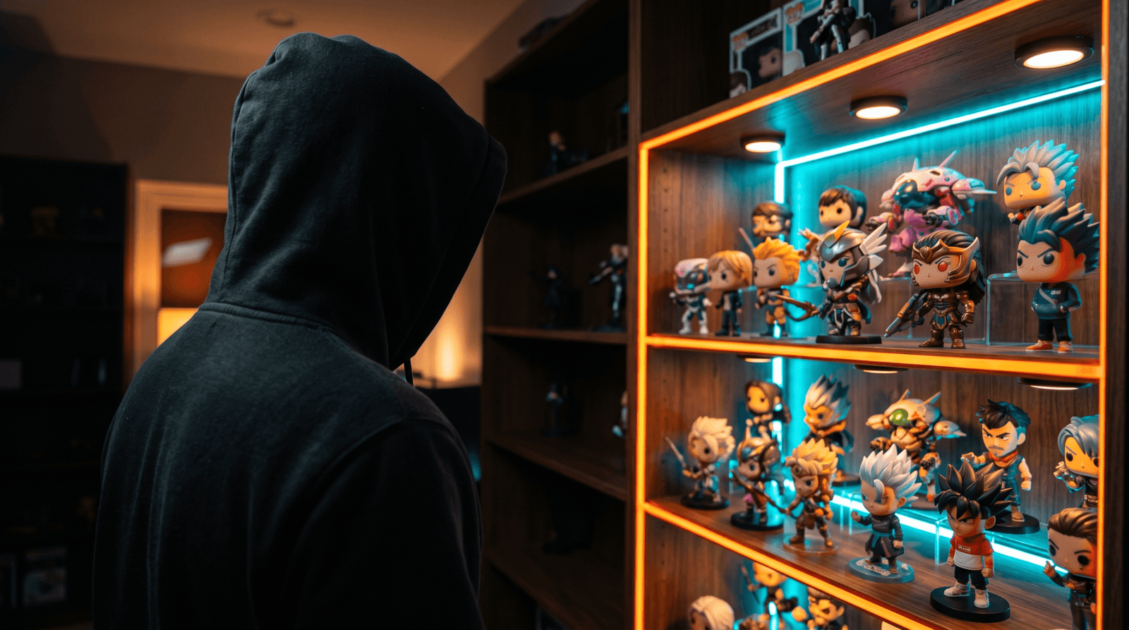 Colecionador inspecionando Funko Pop de anime em prateleira iluminada com figuras de Naruto, Dragon Ball e One Piece
