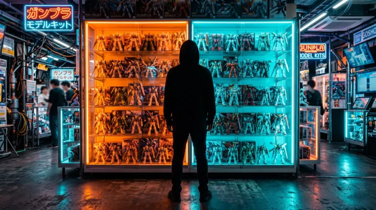 Figura encapuzada de preto observando kits de Gunpla montados em prateleira iluminada com neons laranja e ciano