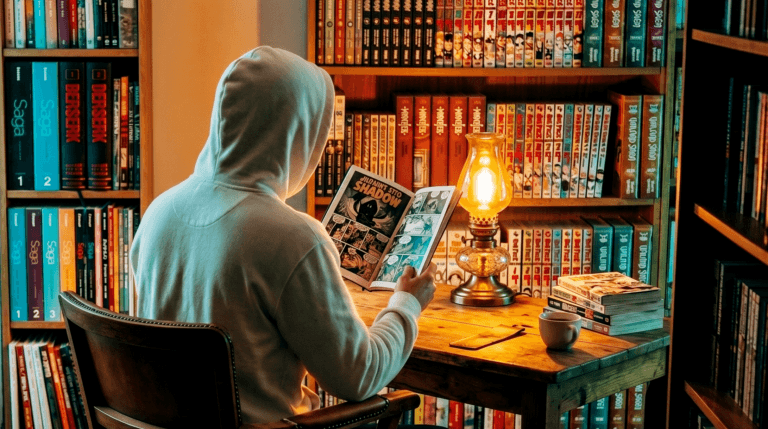Figura encapuzada lendo HQ Invencível sobre mesa iluminada com livros empilhados ao fundo