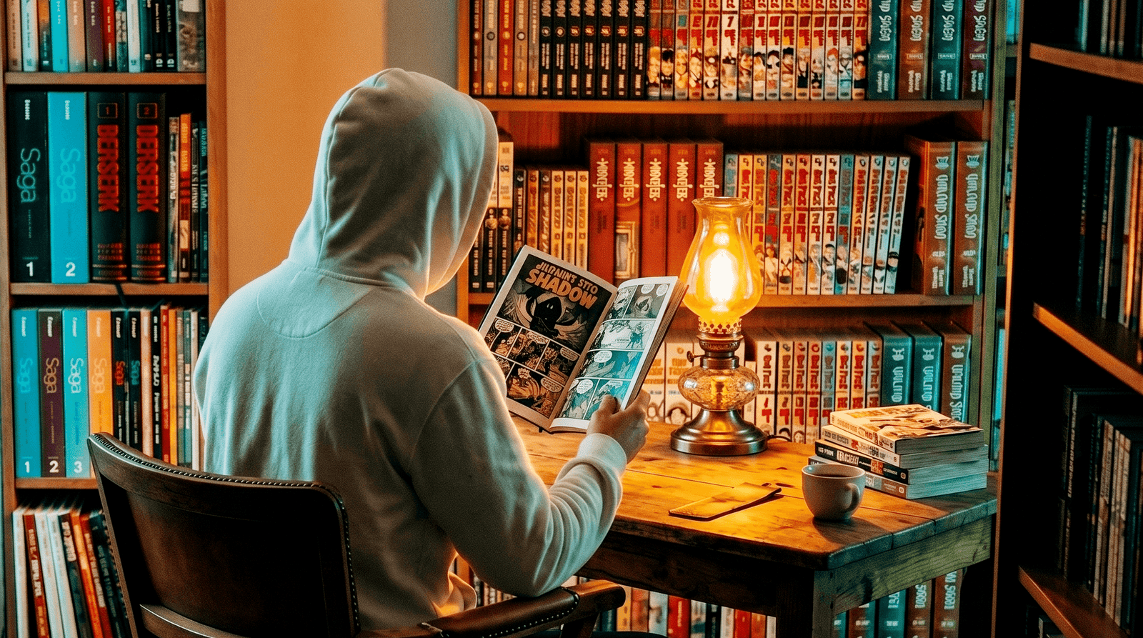 Figura encapuzada lendo HQ Invencível sobre mesa iluminada com livros empilhados ao fundo