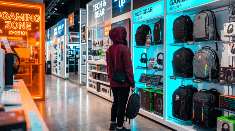 Figura feminina de hoodie borgonha analisando mochilas gamer em ambiente iluminado com neon laranja e ciano