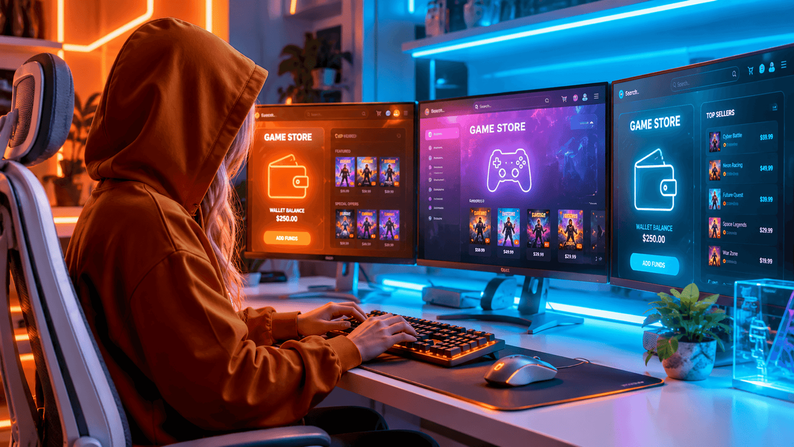 A Operadora analisando consoles PlayStation, Xbox e Nintendo Switch em cenário cyberpunk iluminado