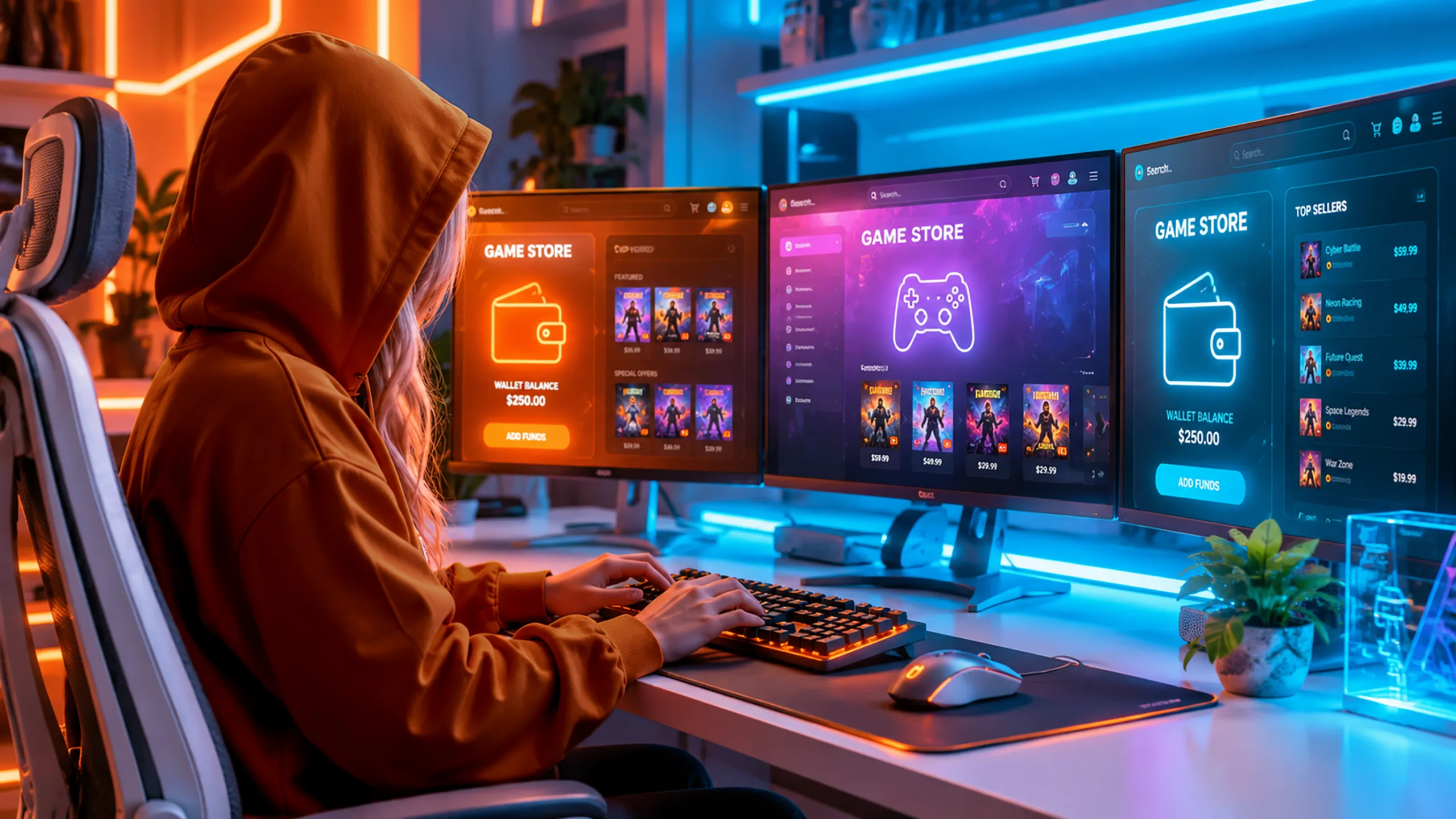 A Operadora analisando consoles PlayStation, Xbox e Nintendo Switch em cenário cyberpunk iluminado