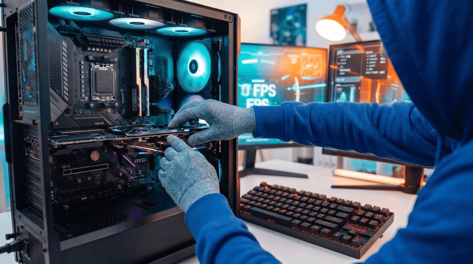 O Perito analisando placas de vídeo RTX 5060 Ti e RX 9060 XT em setup gamer