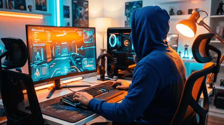 Mãos sobre teclado mecânico gamer com iluminação RGB em setup escuro com monitor ao fundo