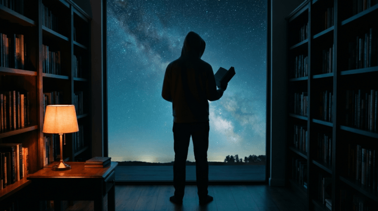 O Arquivista de capuz branco gelo lendo Terra à Deriva em uma estante iluminada por luz laranja e ciano