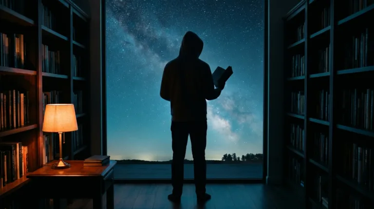 O Arquivista de capuz branco gelo lendo Terra à Deriva em uma estante iluminada por luz laranja e ciano